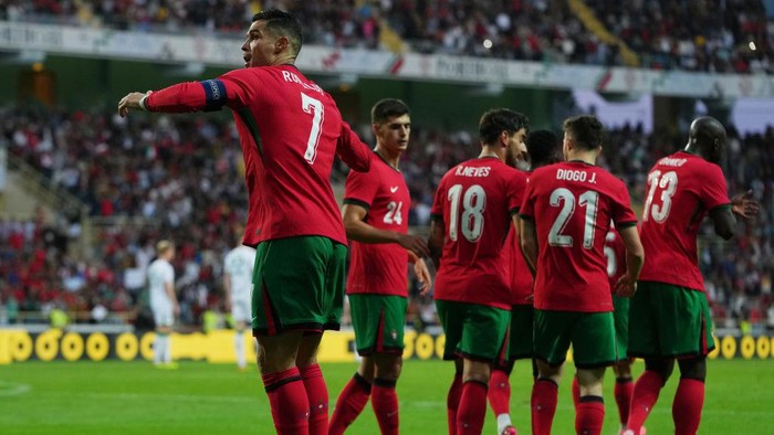 AVEIRO, PORTUGAL - JUNE 11: Cristiano Ronaldo of Portugal celebrates after scoring a goal during the International Friendly match between Portugal and Republic of Ireland at Estadio Municipal de Aveiro on June 11, 2024 in Aveiro, Portugal.  (Photo by Gualter Fatia/Getty Images)