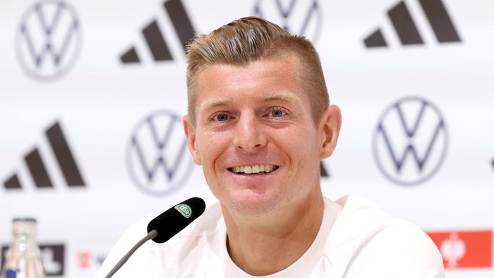 HERZOGENAURACH, GERMANY - JUNE 11: Toni Kroos of Germany talks to the media during a press conference at adidas HQ Herzo Base on June 11, 2024 in Herzogenaurach, Germany. (Photo by Alexander Hassenstein/Getty Images)