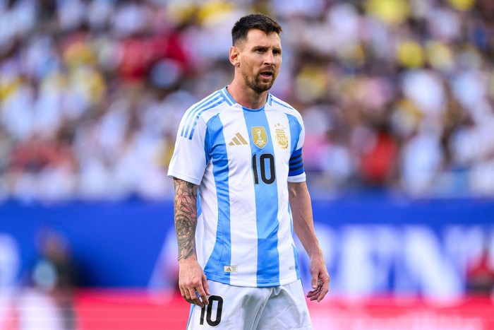 Lionel Messi Jun 9, 2024; Chicago, Illinois, USA; Argentina forward Lionel Messi (10) looks on against Ecuador during the second half at Soldier Field. Mandatory Credit: Daniel Bartel-USA TODAY Sports