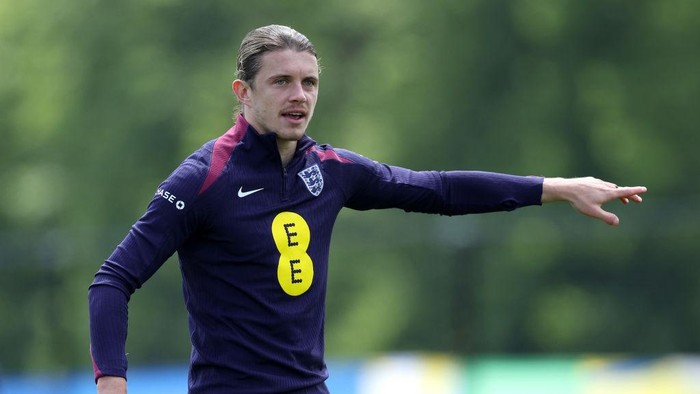 BLANKENHAIN, GERMANY - JUNE 13: Conor Gallagher of England reacts during a training session at Spa & Golf Resort Weimarer Land on June 13, 2024 in Blankenhain, Germany. (Photo by Eddie Keogh - The FA/The FA via Getty Images)