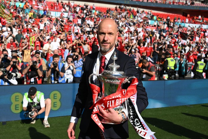 LONDON, ENGLAND - MAY 25: Erik ten Hag, manager of Manchester United looks on with the FA Cup trophy after the Emirates FA Cup Final match between Manchester City and Manchester United at Wembley Stadium on May 25, 2024 in London, England. (Photo by Michael Regan - The FA/The FA via Getty Images)