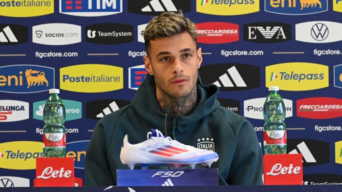 ISERLOHN, GERMANY - JUNE 13: Gianluca Scamacca of Italy speaks with the media during Italy press conference at Hemberg-Stadion on June 13, 2024 in Iserlohn, Germany. (Photo by Claudio Villa/Getty Images for FIGC)