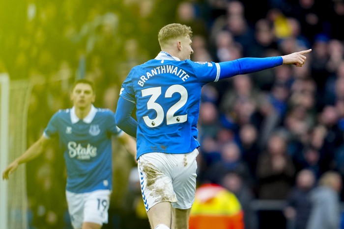 Evertons Jarrad Branthwaite celebrates after scoring his sides second goal during the English Premier League soccer match between Everton and Tottenham Hotspur, at the Goodison Park stadium, in Liverpool, England, Saturday, Feb. 3, 2024. (AP Photo/Jon Super)