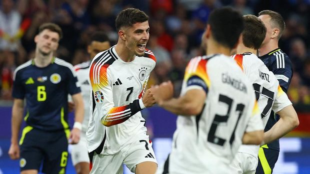 Soccer Football - Euro 2024 - Group A - Germany v Scotland - Munich Football Arena, Munich, Germany - June 14, 2024  Germany's Kai Havertz celebrates scoring their third goal REUTERS/Kai Pfaffenbach