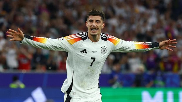 Soccer Football - Euro 2024 - Group A - Germany v Scotland - Munich Football Arena, Munich, Germany - June 14, 2024  Germany's Kai Havertz celebrates scoring their third goal REUTERS/Kai Pfaffenbach