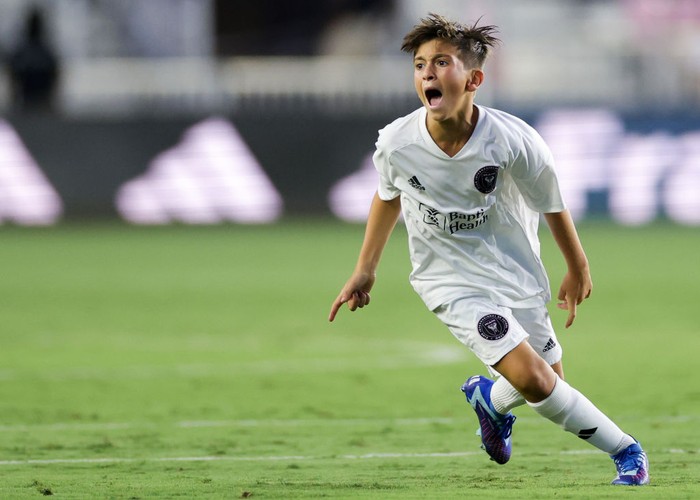 FORT LAUDERDALE, FLORIDA - MAY 24: Thiago Messi #10 of IMCF U12 reacts to his teammates goal during the Youth International Cup Opening Ceremony match at Chase Stadium on May 24, 2024 in Fort Lauderdale, Florida. (Photo by Carmen Mandato/Getty Images)