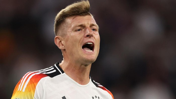 MUNICH, GERMANY - JUNE 14: Toni Kroos of Germany gestures during the UEFA EURO 2024 group stage match between Germany and Scotland at Munich Football Arena on June 14, 2024 in Munich, Germany. (Photo by Alexander Hassenstein/Getty Images)