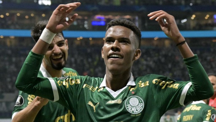 Palmeiras forward Estevao Willian celebrates after scoring a goal during the Copa Libertadores group stage first leg football match between Brazils Palmeiras and Uruguays Liverpool at the Allianz Parque stadium in Sao Paulo, Brazil, on April 11, 2024. (Photo by NELSON ALMEIDA / AFP)