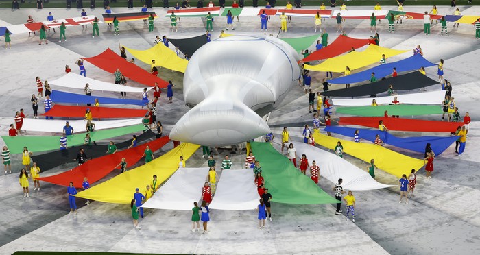 Soccer Football - Euro 2024 - Group A - Germany v Scotland - Munich Football Arena, Munich, Germany - June 14, 2024  A giant replica European Championship Trophy is displayed during the pre match show inside the stadium before the match REUTERS/Michaela Stache