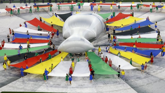 Soccer Football - Euro 2024 - Group A - Germany v Scotland - Munich Football Arena, Munich, Germany - June 14, 2024  A giant replica European Championship Trophy is displayed during the pre match show inside the stadium before the match REUTERS/Michaela Stache