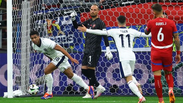 Soccer Football - Euro 2024 - Group C - Serbia v England - Arena AufSchalke, Gelsenkirchen, Germany - June 16, 2024 England's Jude Bellingham celebrates scoring their first goal REUTERS/Kai Pfaffenbach