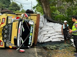 Truk Angkut 12 Ton Kopi Terguling di Jalur Amlapura-Denpasar