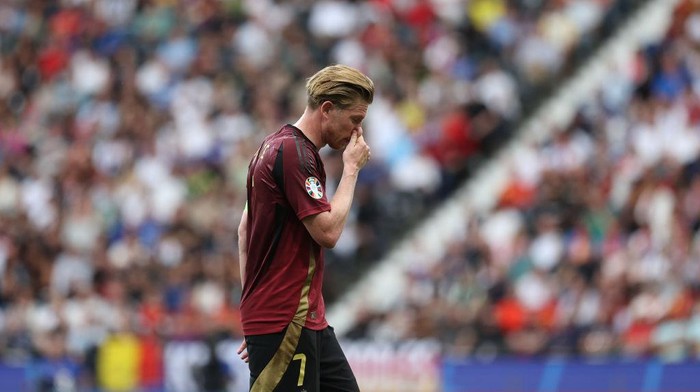 FRANKFURT AM MAIN, GERMANY - JUNE 17: Kevin De Bruyne of Belgium reacts during the UEFA EURO 2024 group stage match between Belgium and Slovakia at Frankfurt Arena on June 17, 2024 in Frankfurt am Main, Germany. (Photo by Ryan Pierse - UEFA/UEFA via Getty Images)
