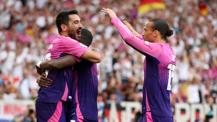 STUTTGART, GERMANY - JUNE 19: Ilkay Guendogan of Germany  celebrates with teammates after scoring his team`s second goal during the UEFA EURO 2024 group stage match between Germany and Hungary at Stuttgart Arena on June 19, 2024 in Stuttgart, Germany. (Photo by Christina Pahnke - sampics/Getty Images)