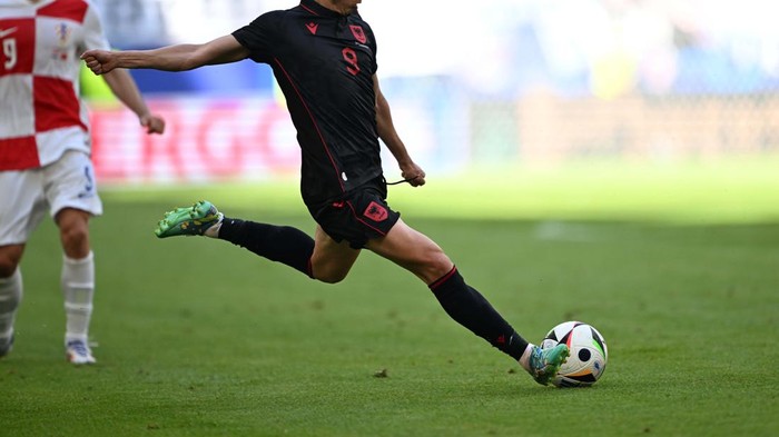 HAMBURG, GERMANY - JUNE 19: Jasir Asani (9) of Albania in action during the 2024 European Football Championship (EURO 2024) Group B football match between Croatia and Albania at Volksparkstadion in Hamburg, Germany on June 19, 2024. (Photo by Halil Sagirkaya/Anadolu via Getty Images)