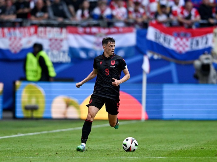 HAMBURG, GERMANY - JUNE 19: Jasir Asani (9) of Albania in action during the 2024 European Football Championship (EURO 2024) Group B football match between Croatia and Albania at Volksparkstadion in Hamburg, Germany on June 19, 2024. (Photo by Halil Sagirkaya/Anadolu via Getty Images)