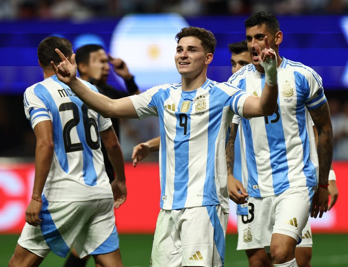 Soccer Football - Copa America 2024 - Group A - Argentina v Canada - Mercedes-Benz Stadium, Atlanta, Georgia, United States - June 20, 2024 Argentinas Julian Alvarez celebrates scoring their first goal REUTERS/Agustin Marcarian