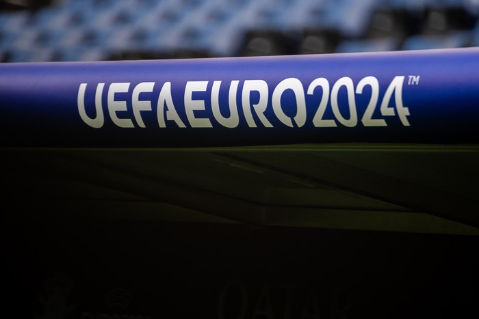 HAMBURG, GERMANY - JUNE 19: UEFA Euro 2024 logo seen during the UEFA EURO 2024 group stage match between Croatia and Albania at Volksparkstadion on June 19, 2024 in Hamburg, Germany. (Photo by Mateusz Slodkowski/Getty Images)