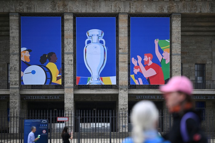 A view shows an Euro 2024 logo at the Olympic Stadium (Olympiastadion Berlin) ahead of the UEFA Euro 2024 in Berlin, Germany May 30, 2024.  REUTERS/Annegret Hilse