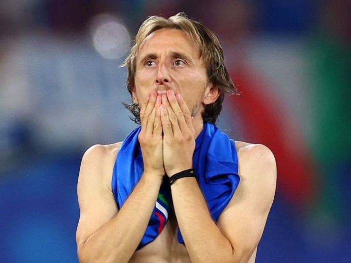 LEIPZIG, GERMANY - JUNE 24: Luka Modric of Croatia reacts at full-time following the UEFA EURO 2024 group stage match between Croatia and Italy at Football Stadium Leipzig on June 24, 2024 in Leipzig, Germany. (Photo by Chris Brunskill/Fantasista/Getty Images)