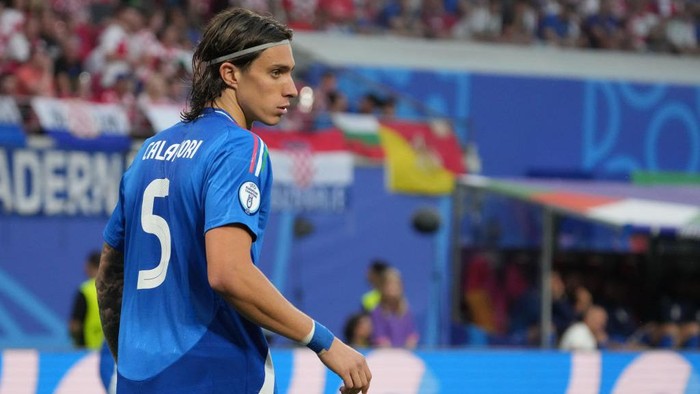 LEIPZIG, GERMANY - JUNE 24: Riccardo Calafiori of Italy looks on during the UEFA EURO 2024 group stage match between Croatia and Italy at Football Stadium Leipzig on June 24, 2024 in Leipzig, Germany. (Photo by Masashi Hara/Getty Images)