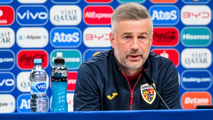 FRANKFURT AM MAIN, GERMANY - JUNE 25: Edward Iordanescu - Head Coach of Romania National Team during a press conference at Frankfurt Arena on June 25, 2024 in Frankfurt am Main, Germany. (Photo by Neil Baynes - UEFA/UEFA via Getty Images)