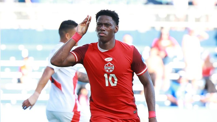 KANSAS CITY, KANSAS - JUNE 25: Jonathan David of Canada celebrates after scoring the team's first goal during the CONMEBOL Copa America 2024 between Peru and Canada at Children's Mercy Park on June 25, 2024 in Kansas City, Kansas. (Photo by Hector Vivas/Getty Images)