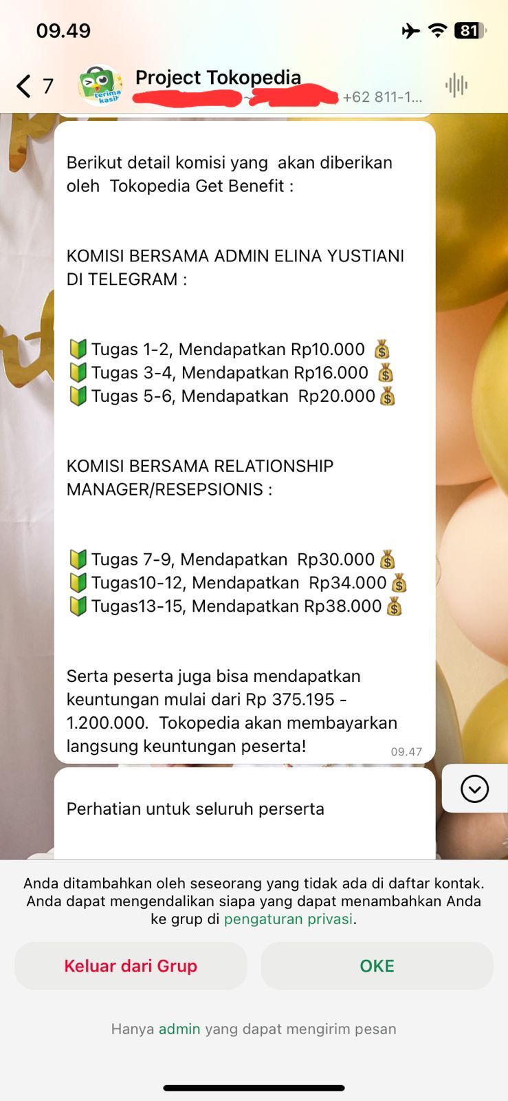 Modus penipuan melalui undangan grup