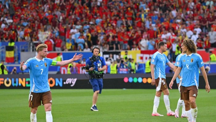 STUTTGART, GERMANY - JUNE 26: Kevin De Bruyne of Belgium reacts after the UEFA EURO 2024 group stage match between Ukraine and Belgium at Stuttgart Arena on June 26, 2024 in Stuttgart, Germany. (Photo by Chris Ricco - UEFA/UEFA via Getty Images)