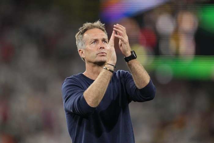 Denmarks head coach Kasper Hjulmand applauds fans after a round of sixteen match between Germany and Denmark at the Euro 2024 soccer tournament in Dortmund, Germany, Saturday, June 29, 2024. (AP Photo/Andreea Alexandru)