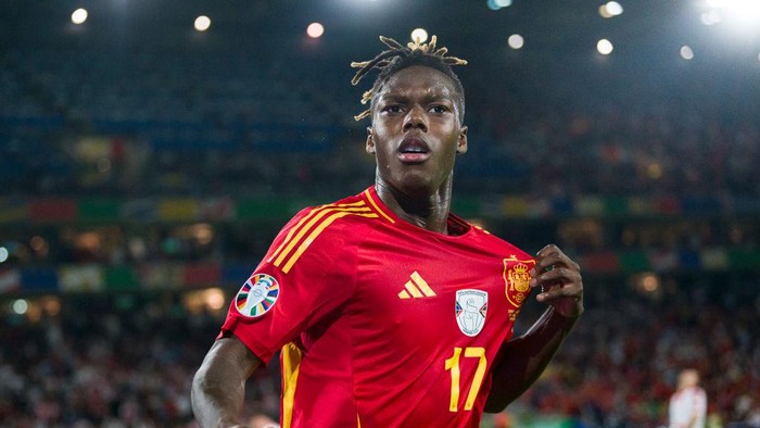 COLOGNE, GERMANY - JUNE 30: Nico Williams of Spain celebrates his goal during the UEFA EURO 2024 round of 16 match between Spain and Georgia at Cologne Stadium on June 30, 2024 in Cologne, Germany. (Photo by Marcio Machado/Eurasia Sport Images/Getty Images)
