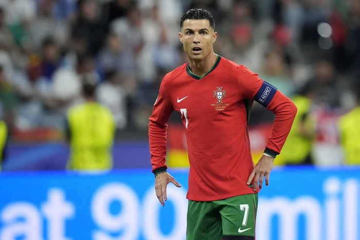 Portugals Cristiano Ronaldo during a round of sixteen match between Portugal and Slovenia at the Euro 2024 soccer tournament in Frankfurt, Germany, Monday, July 1, 2024. (AP Photo/Matthias Schrader)