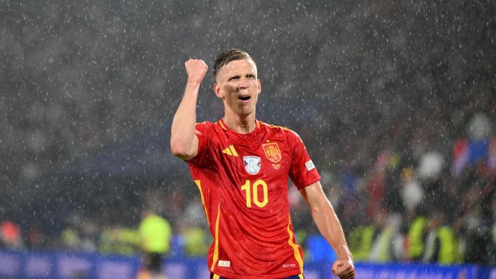 COLOGNE, GERMANY - JUNE 30: Dani Olmo (10) of Spain celebrates after scoring a goal during the UEFA EURO 2024 round of 16 match between Spain and Georgia at Cologne Stadium (RheinEnergieStadion) on June 30, 2024 in Cologne, Germany. (Photo by Gokhan Balci/Anadolu via Getty Images)