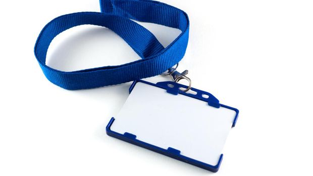 Blank name tag or identification badge on blue strap. White background