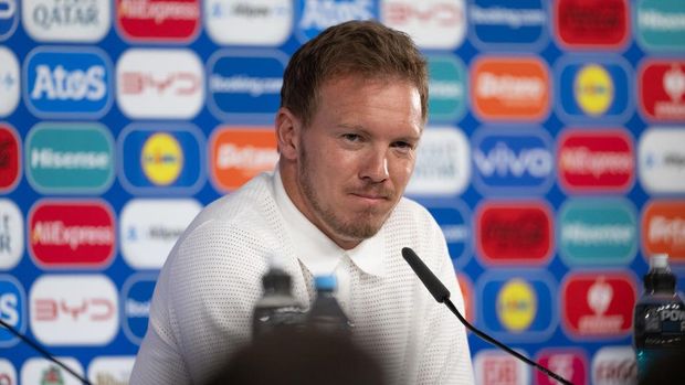 STUTTGART, GERMANY - JULY 04: Julian Nagelsmann, Head coach of Germany attends a press conference before the Quarter Final Match between Spain and Germany at Stuttgart Arena on July 04, 2024 in Stuttgart, Germany. (Photo by Christian Kaspar-Bartke - UEFA/UEFA via Getty Images)