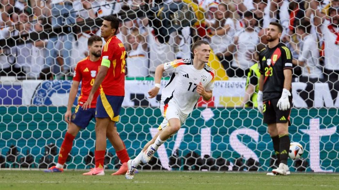 STUTTGART, GERMANY - JULY 5: Florian Wirtz of Germany celebrates scoring 2nd goal during the UEFA EURO 2024 quarter-final match between Spain and Germany at Stuttgart Arena on July 5, 2024 in Stuttgart, Germany. (Photo by Richard Sellers/Sportsphoto/Allstar via Getty Images)