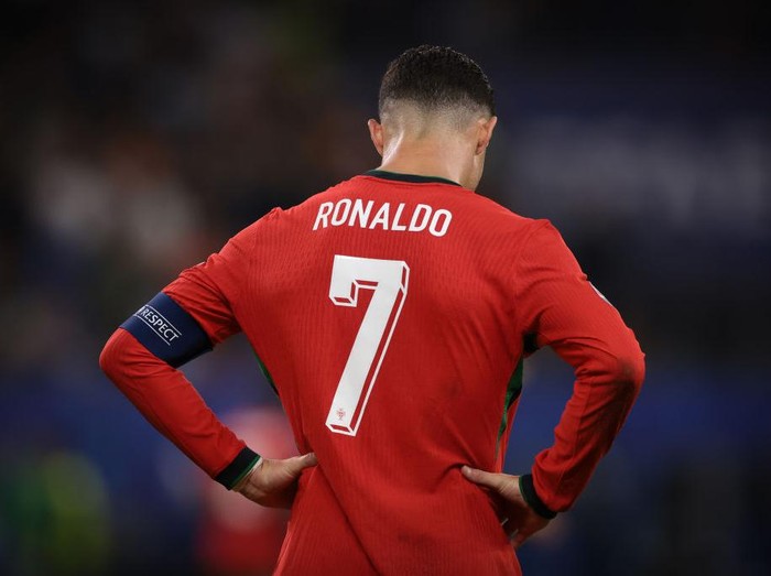 HAMBURG, GERMANY - JULY 05: Cristiano Ronaldo of Portugal reacts during the UEFA EURO 2024 quarter-final match between Portugal and France at Volksparkstadion on July 05, 2024 in Hamburg, Germany. (Photo by Jonathan Moscrop/Getty Images)