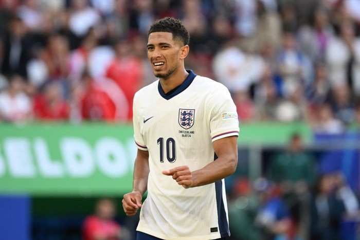 DUSSELDORF, GERMANY - JULY 06: Jude Bellingham (10) of England reacts after a position during the UEFA Euro 2024 quarter-final football match between England and Switzerland at Merkur Spiel-Arena in Dusseldorf, Germany on July 06, 2024. (Photo by Gokhan Balci/Anadolu via Getty Images)