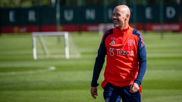 MANCHESTER, ENGLAND - JULY 08: (EXCLUSIVE COVERAGE)  Manager Erik ten Hag of Manchester United in action during a first team training session at Carrington Training Ground on July 08, 2024 in Manchester, England. (Photo by Ash Donelon/Manchester United via Getty Images)