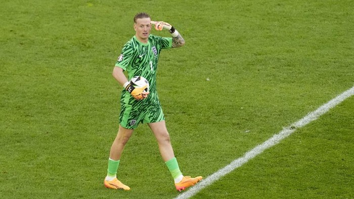 England goalkeeper Jordan Pickford reacts in the penalty shoot-out during the UEFA Euro 2024, quarter-final match at the Dusseldorf Arena, Germany. Picture date: Saturday July 6, 2024. (Photo by Nick Potts/PA Images via Getty Images)