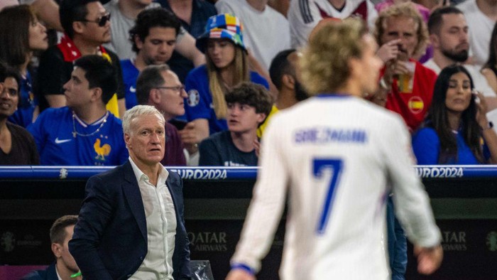 MUNICH, GERMANY - JULY 9: Head Coach Didier Deschamps of France looks on during the UEFA EURO 2024 semi-final match between Spain v France at Munich Football Arena on July 9, 2024 in Munich, Germany. (Photo by Kevin Voigt/GettyImages)