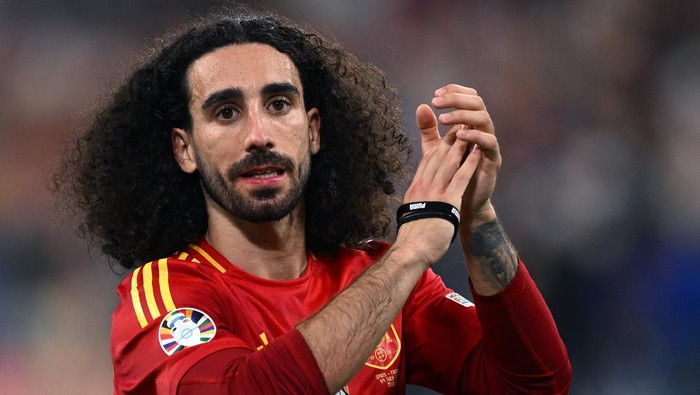 MUNICH, GERMANY - JULY 09:  Marc Cucurella of Spain celebrate at the end of the UEFA EURO 2024 semi-final match between Spain v France at Munich Football Arena on July 09, 2024 in Munich, Germany. (Photo by Image Photo Agency/Getty Images)