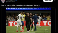 Ini adalah momen Luis Suarez diduga hendak menggigit pemain Kolombia. Foto: dok. Internet/X (Twitter)