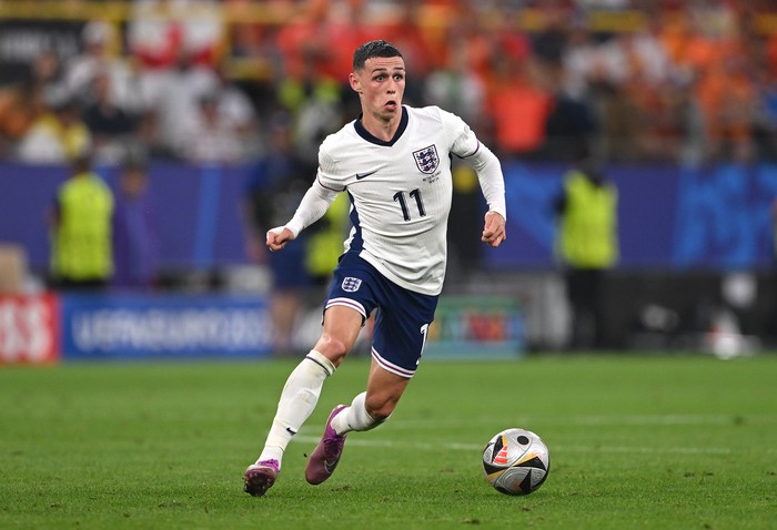 DORTMUND, GERMANY - JULY 10: Phil Foden of England in action during the UEFA EURO 2024 semi-final match between Netherlands and England at Football Stadium Dortmund on July 10, 2024 in Dortmund, Germany. (Photo by Stu Forster/Getty Images)