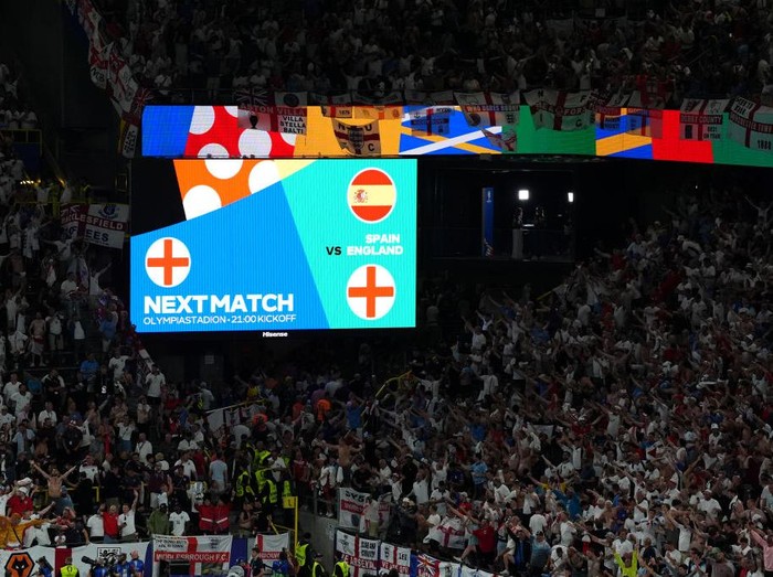 A general view of the large screen showing the confirmed UEFA Final match line-up between Spain and England after the UEFA Euro 2024, semi-final match at the BVB Stadion Dortmund in Dortmund, Germany. Picture date: Wednesday July 10, 2024. (Photo by Adam Davy/PA Images via Getty Images)