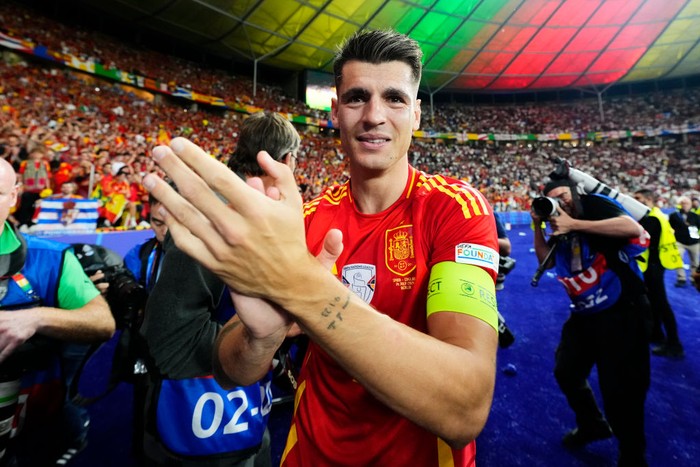Alvaro Morata Alvaro Morata centre-forward of Spain and Atletico de Madrid celebrates after their team's victory in the UEFA EURO 2024 final match between Spain and England at Olympiastadion on July 14, 2024 in Berlin, Germany. (Photo by Jose Breton/Pics Action/NurPhoto via Getty Images)