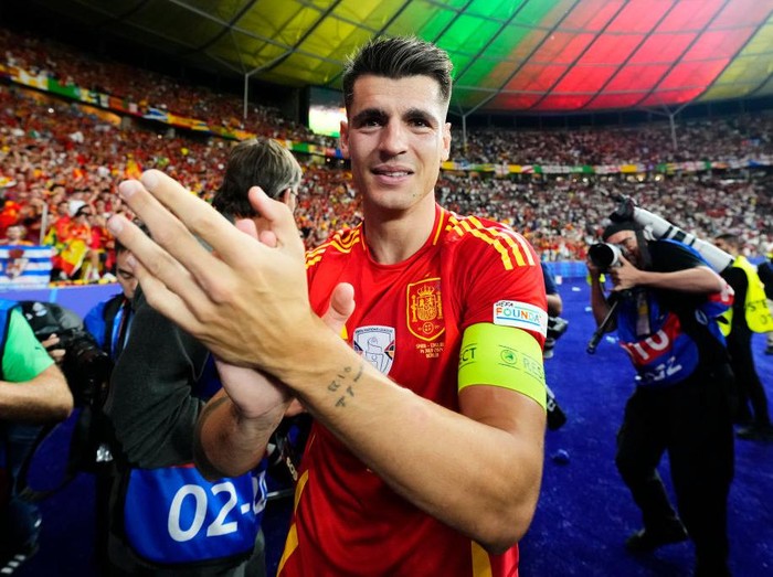 Alvaro Morata centre-forward of Spain and Atletico de Madrid celebrates after their team's victory in the UEFA EURO 2024 final match between Spain and England at Olympiastadion on July 14, 2024 in Berlin, Germany. (Photo by Jose Breton/Pics Action/NurPhoto via Getty Images)