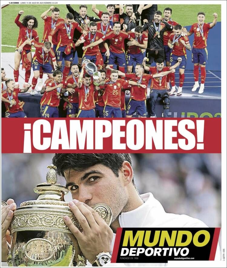 Halaman depan harian Spanyol Mundo Deportivo usai Carlos Alcaraz juara Wimbledon dan Spanyol juara Euro 2024