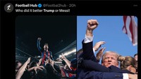 Ekspresi Trump disandingkan dengan gaya Messi usai membawa Barcelona comeback atas PSG di perempatfinal Liga Champions, epic mana nih? (Foto: Twitter @Footballhub)