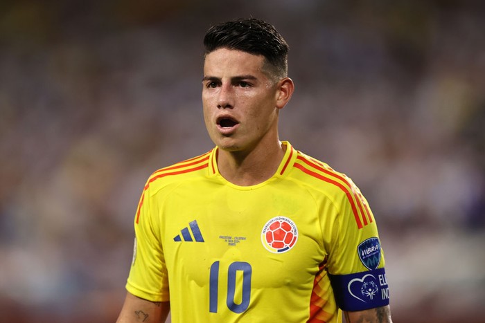 MIAMI GARDENS, FLORIDA - JULY 14: James Rodriguez of Colombia gestures during the CONMEBOL Copa America 2024 Final match between Argentina and Colombia at Hard Rock Stadium on July 14, 2024 in Miami Gardens, Florida. (Photo by Omar Vega/Getty Images)